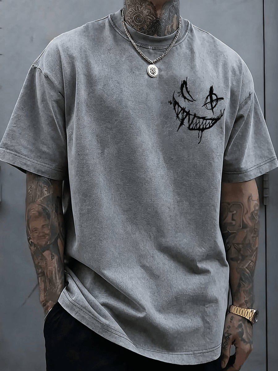 Licensed by WB Warner, Men'S Retro Old 100% Washed Crew Neck T-Shirt, DC Batman Joker Why So Serious Sketch Graffiti Design, Loose Version, Men'S Casual Versatile Loose T-Shirt, Suitable for Daily Wear Outdoor Sports - Grey