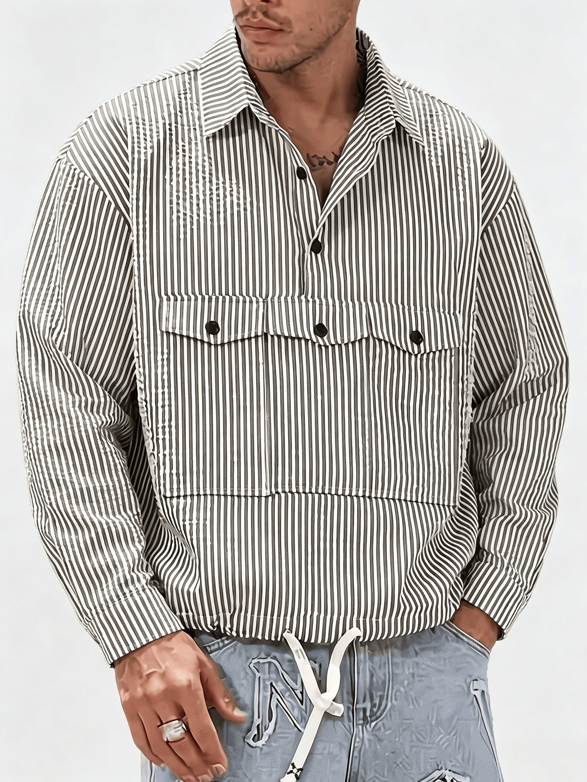 Men'S Casual Shirt Spring Summer Autumn Puff Sleeve Lapel Long Sleeve Striped Shirt, Suitable for Daily Outdoor Commute, Street Style, Fashionable And Versatile Casual Long Sleeve Shirt Top - Striped Shirt
