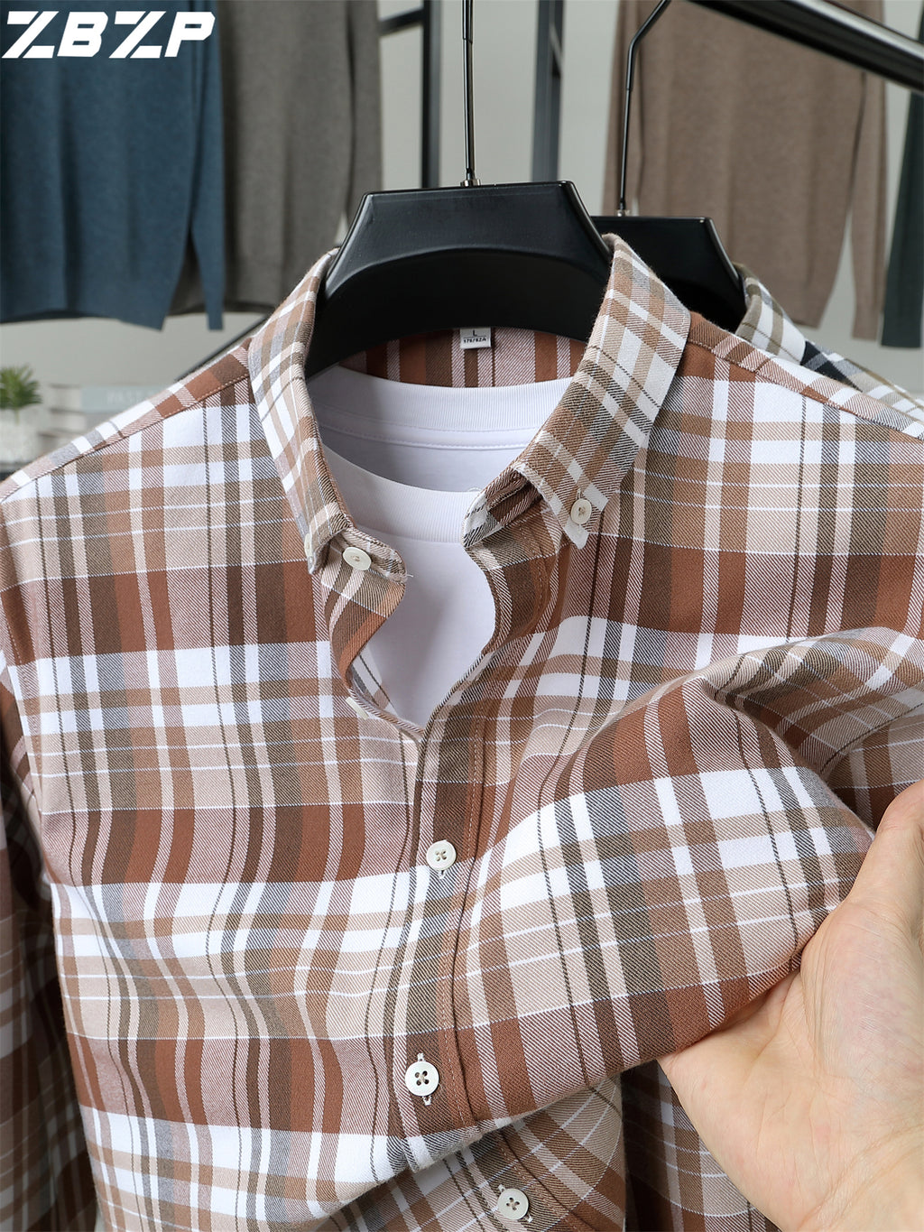 ZBZP Spring/Autumn New Men's Business Casual Solid Color Plaid Long-Sleeve Shirt, Trendy and Versatile Dress Shirt DM - Red