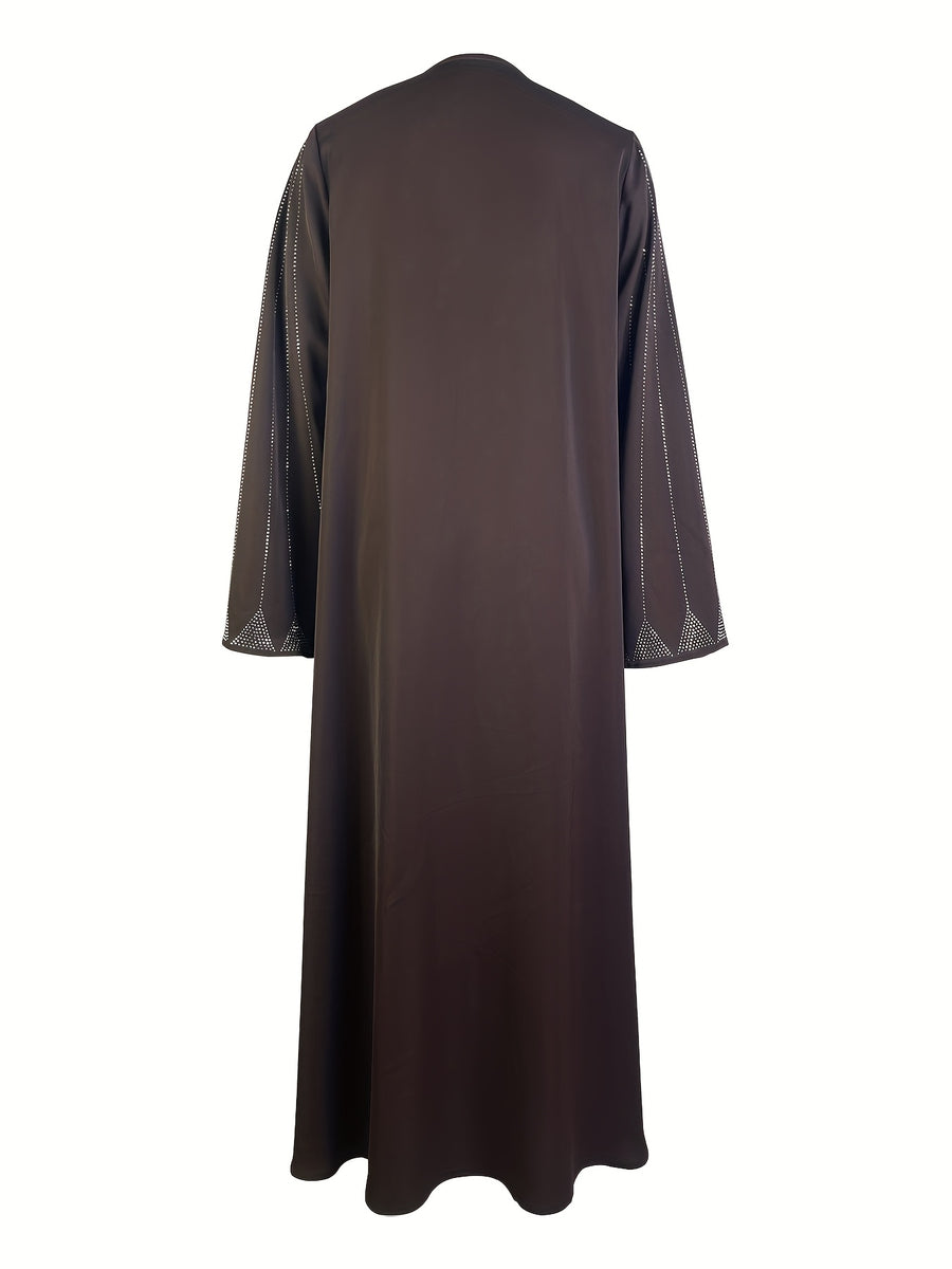 Traditional Middle Eastern Style Women'S Long Sleeve Dress with Zipper Closure, Elegant Abaya Long Dress - Coffee Color