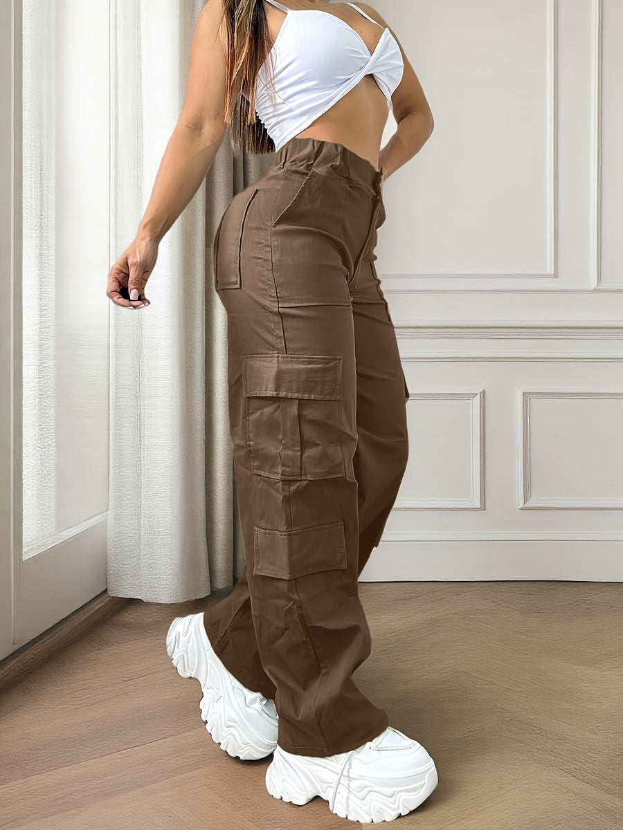 Street Style Women'S Casual Solid Color Loose Overalls, Y2K Comfortable Elastic Waist Multi-Pocket Long Pants - Brown