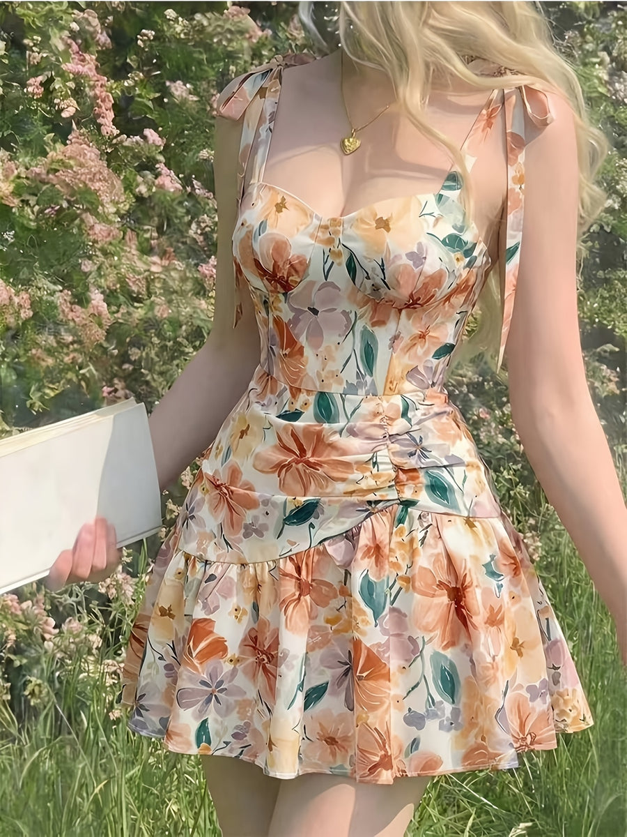French Oil Painting Gradient Floral Print Bow Detail Strap Dress, Vintage Bandeau Style Cinched Waist Ruched A-Line Short Puff Skirt Vacation Style Mori Tea Dress, Suitable for Dates, Parties, Gatherings, And Beach Vacations - Multicolor