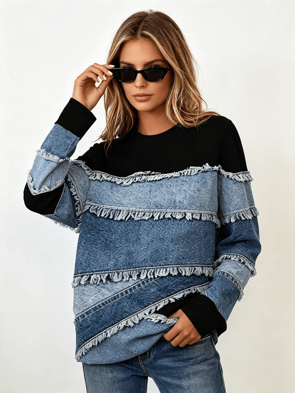 [Printed Pants - Not Denim Fabric] Retro Street Style Long Sleeve Tee for Women, Simulated Denim Splicing with Frayed Edge Graphic, Relaxed Fit Casual Outfit for Fall Season - Mixed colors