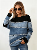[Printed Pants - Not Denim Fabric] Retro Street Style Long Sleeve Tee for Women, Simulated Denim Splicing with Frayed Edge Graphic, Relaxed Fit Casual Outfit for Fall Season - Mixed colors