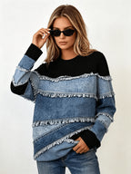 [Printed Pants - Not Denim Fabric] Retro Street Style Long Sleeve Tee for Women, Simulated Denim Splicing with Frayed Edge Graphic, Relaxed Fit Casual Outfit for Fall Season - Mixed colors