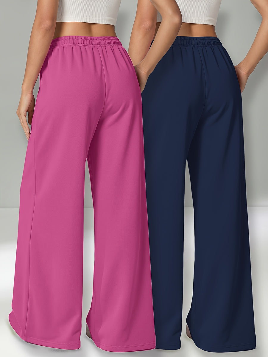 Autumn and Winter High-Waisted Casual Versatile Pants, Elastic Waist Loose Wide-Leg Pants 2pcs Set - Pink+blue