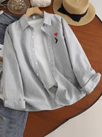 Spring And Autumn Thin Healing Style Trendy Men'S Cartoon Niche Fun Pattern Long Sleeve Thin Striped Casual Shirt - Gray 02