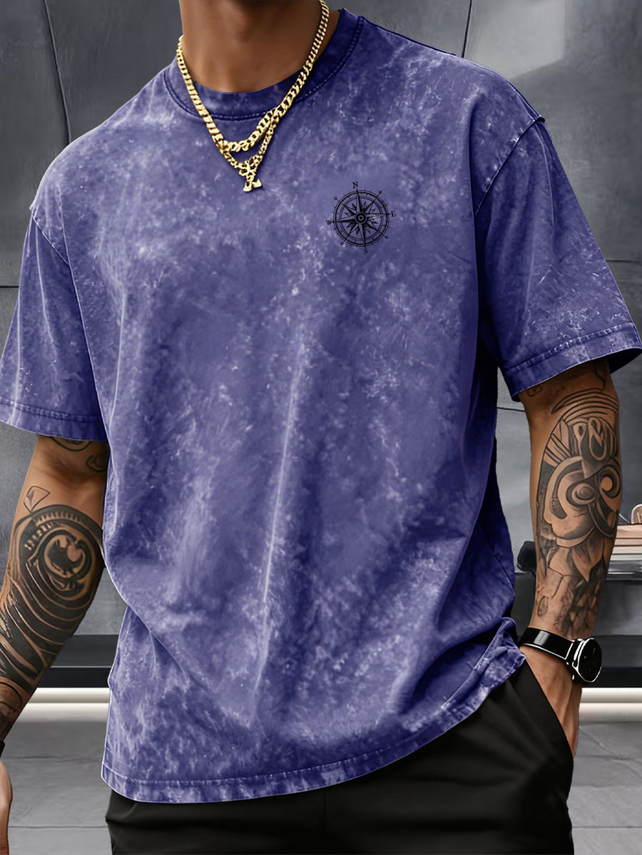 Short Sleeve Top, Washed Distressed Loose Round Neck T-Shirt, Double-Sided Compass And Needle Trendy Print, Casual Styling American Street High Street Hip-Hop Couple Style Daily Outing Commute Statement Sports Fitness All-Match Top - Royal Blue