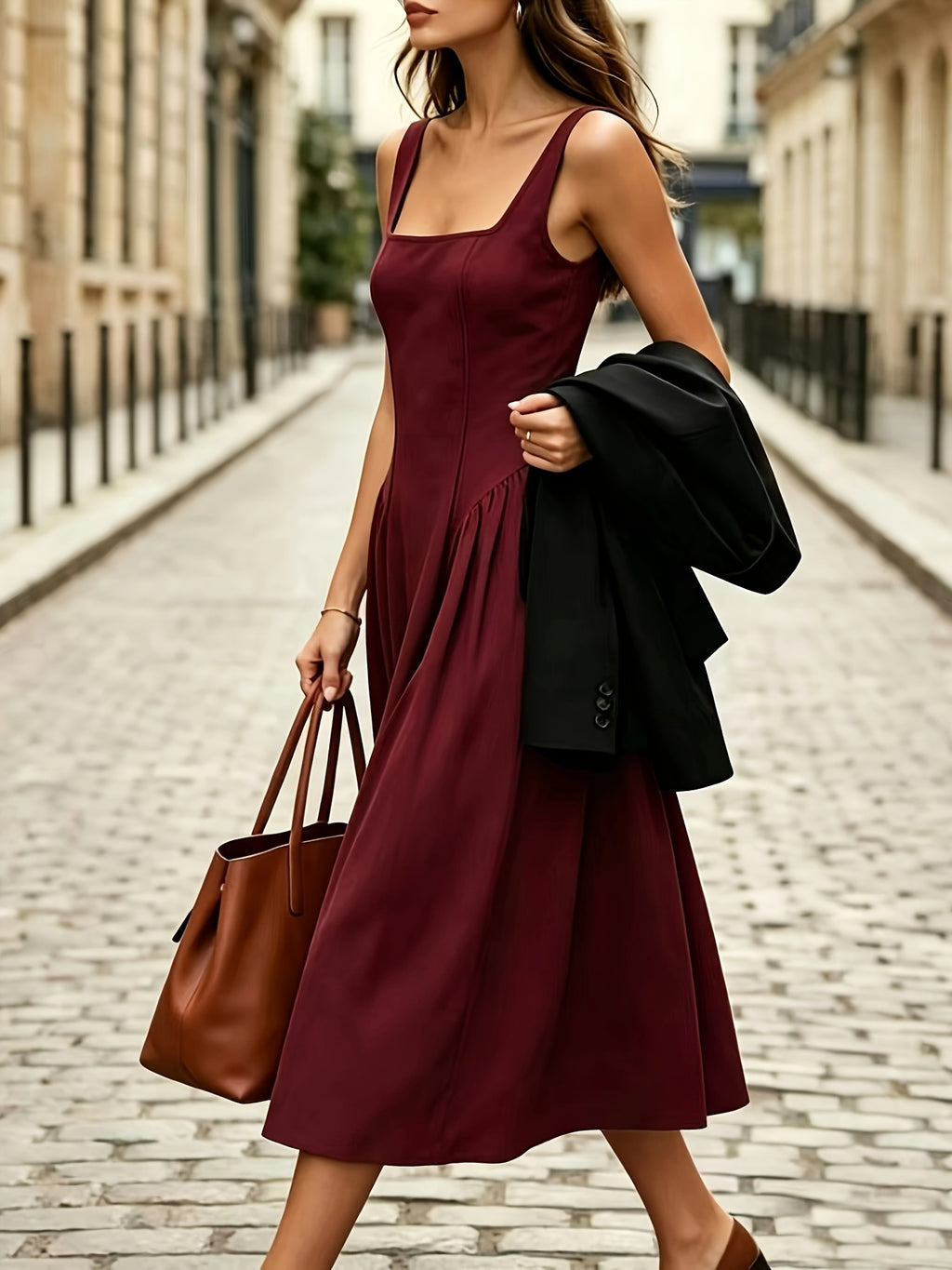Fashionable Women's Sleeveless Puff-Style Solid Color Dress (Accessories Not Included) - New Spring/Summer Women's Clothing, Most Popular Korean Women's Apparel, Casual and Elegant Women's Dresses, Hot-Look Outfits, Women's Dresses, Women's Summer - Burgundy