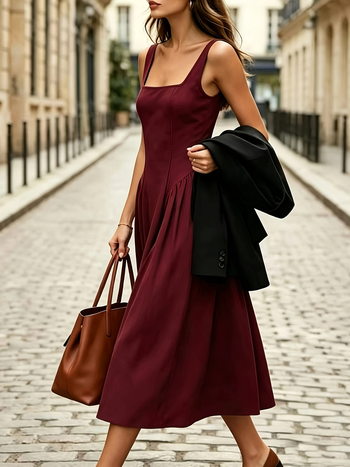 Fashionable Women's Sleeveless Puff-Style Solid Color Dress (Accessories Not Included) - New Spring/Summer Women's Clothing, Most Popular Korean Women's Apparel, Casual and Elegant Women's Dresses, Hot-Look Outfits, Women's Dresses, Women's Summer - Burgundy