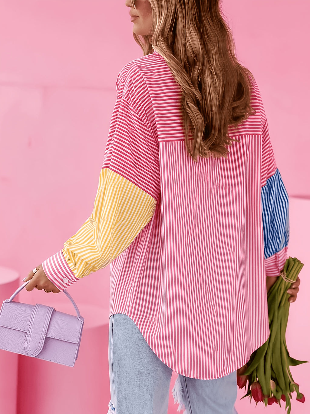 New Spring/Summer Women's Patchwork Striped Pocket Elegant Versatile Lapel Shirt - Bright Pink Color