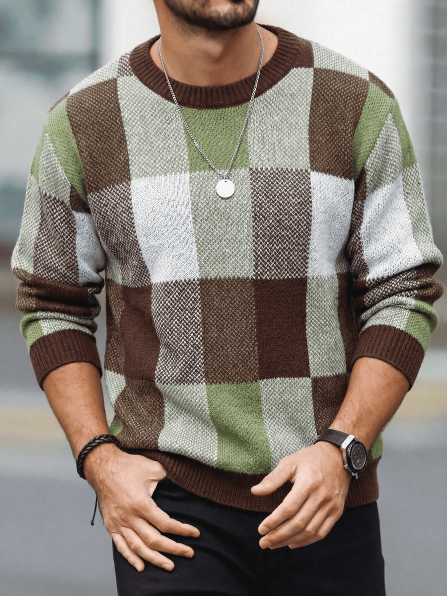 Men'S Casual Color-Block Checkered Design Loose Knit Pullover, Trendy Blocked Long Sleeve Round Neck Sweater, Suitable for Fall Winter Wear, Fashion Statement Piece - Olive