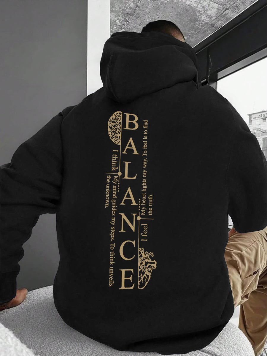 Casual Men'S Hoodie - Artistic Aesthetic Style Trendy Men'S Hooded Sweatshirt with Pockets, Creative Brain Heart Balance Letter Quote Print, Heavy Duty Structured Loose Fit, Suitable for Daily Casual Outings, Camping, Outdoor Fitness - Black