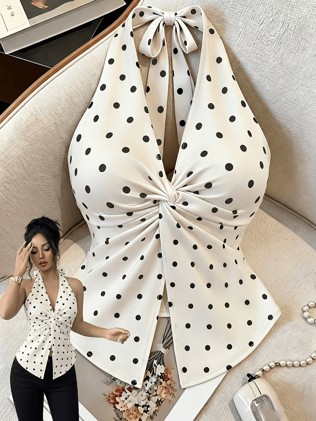 Women'S Apricot Black And White Polka Dot V-Neck Twisted Back Short Top, Elegant Summer Tea Party Design, High-Quality Fashion Essential for Dates And Parties - White