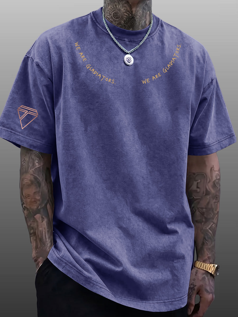 Short Sleeve T-Shirt Men'S Loose Washed Distressed Top Arched Text Triangle Geometric Trendy Print Multi-Color Casual Matching American Street High Street Hip-Hop Couple Style Short Sleeve Daily Outing Commuting Sports Fitness Street Style Y2K Top - Royal Blue