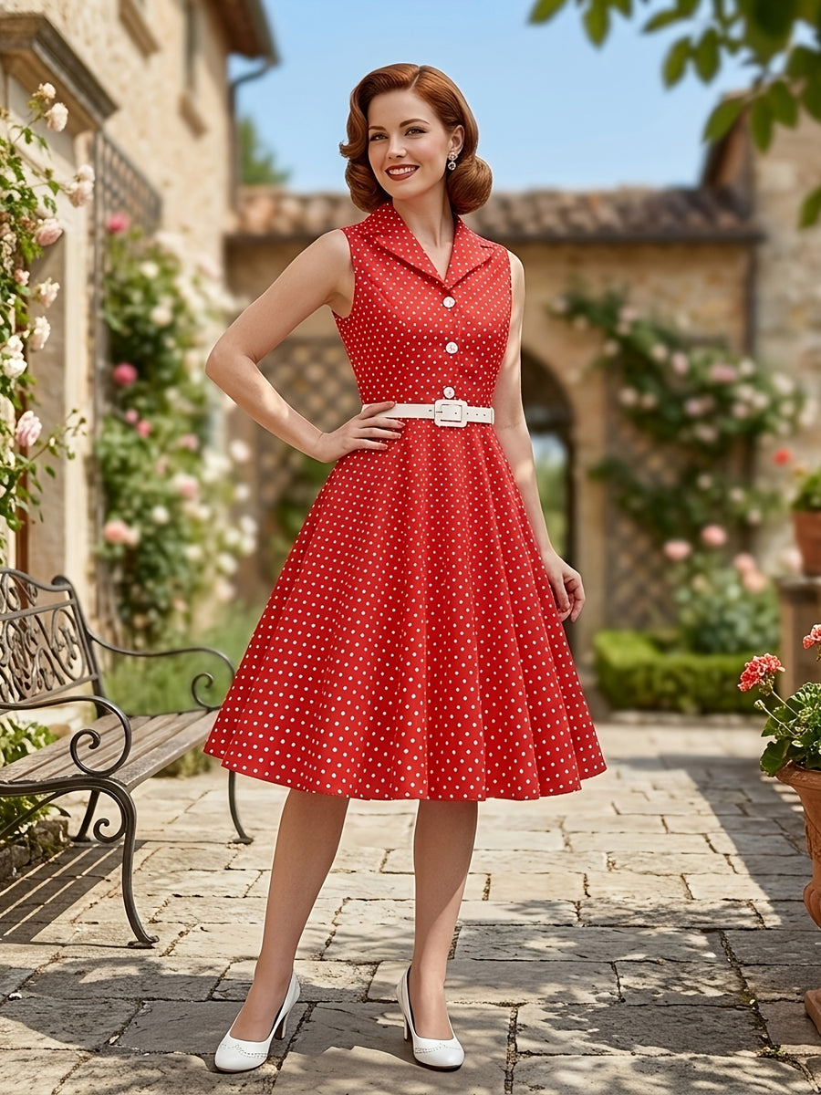 Vintage-style Polka Dot Waist-cinching Sleeveless Flared Bridesmaid Dress - Red
