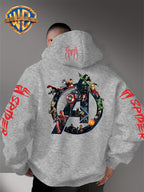 Men'S Trendy Fall Hoodie, American Superhero Collection Print Hooded Sweatshirt, Unisex Loose Street Style Casual Top. Casual Daily Style with Drawstring Design, Long Sleeve Knit Sweater, Machine Washable, Perfect for Casual, Athletic - Grey