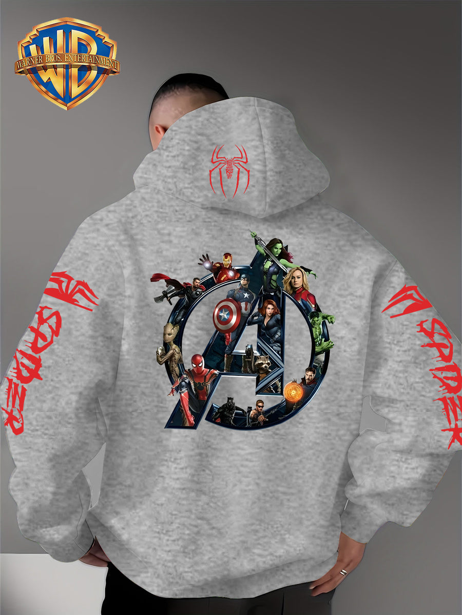 Men'S Trendy Fall Hoodie, American Superhero Collection Print Hooded Sweatshirt, Unisex Loose Street Style Casual Top. Casual Daily Style with Drawstring Design, Long Sleeve Knit Sweater, Machine Washable, Perfect for Casual, Athletic - Grey