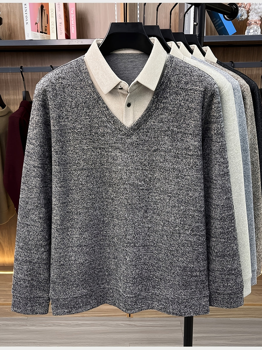 Men'S Autumn V-Neck Faux Two-Piece Pullover Sweater Top, Shirt Collar Patchwork Sweater, Casual Sportswear Top, Warm And Comfortable, Autumn Business Casual Daily Travel Commute Gift Choice, Knit - Ash
