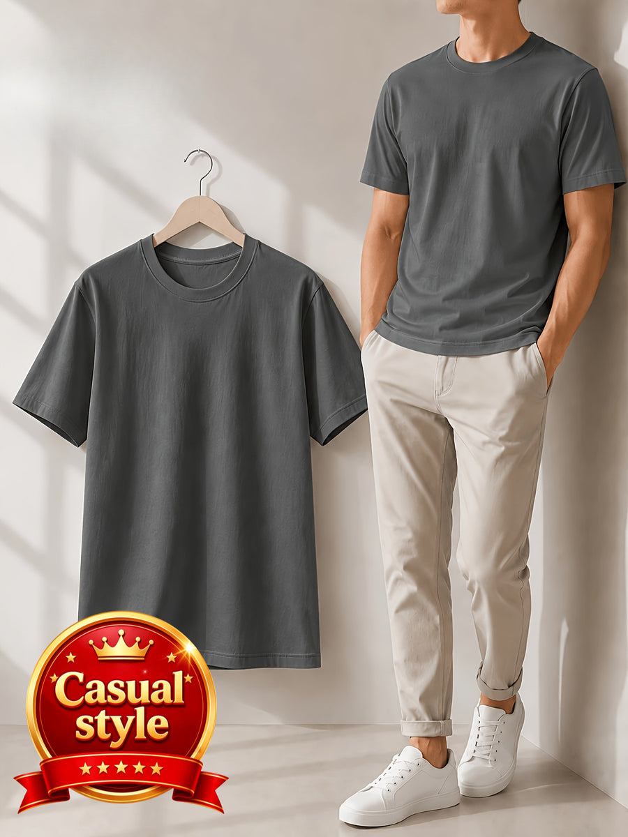Men's Solid Color T-Shirt, High-Stretch Breathable Lightweight Quick-Dry Casual Crew Neck Base Layer Top, Versatile for Sports, Outdoors, and Daily Wear. A Genuine, High-Quality, Premium Gift for Holidays - Grey