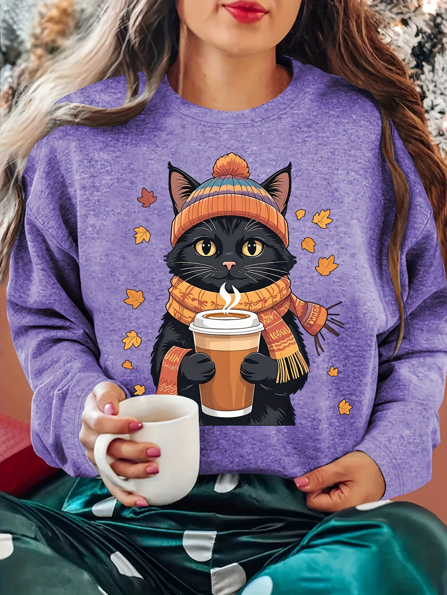 Women'S Winter Clothing Autumn And Winter Atmosphere Black Cat Holding a Cup of Hot Drink with Scattered Autumn Leaves Print Round Neck Long Sleeve T-Shirt Comfortable Soft Fashionable Elegant Vintage Casual Versatile Spring Summer Autumn Winter Spo - Purple