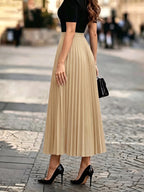 1pc Women's Skirt, Spring/autumn Solid Color Stretch Waist Sun Pleat A-line Skirt - Khaki