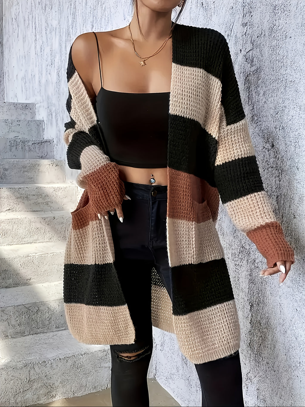 Women's Sweater Cardigan, Long Sleeve Open Front Cardigan, Autumn/Winter Color Block Long Coat, Loose Fit Casual Daily Outerwear LL168 - Coffee Color