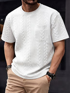 Summer Men'S Jacquard Brocade Short Sleeve T-Shirt, Solid Color Round Neck with Pocket, Loose Fit Casual Versatile Plain T-Shirt - White