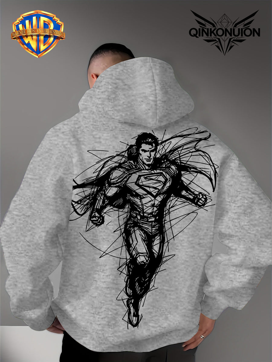 Warner Official Men'S Hooded Sweatshirt, Featuring Sketch Lines, Superhuman Flight, Dynamic And Cool Print Design, Machine Washable, Warm And Casual for Autumn And Winter, Daily Drawstring Hoodie, Multifunctional Sports And Casual Loose Fit - Light Grey