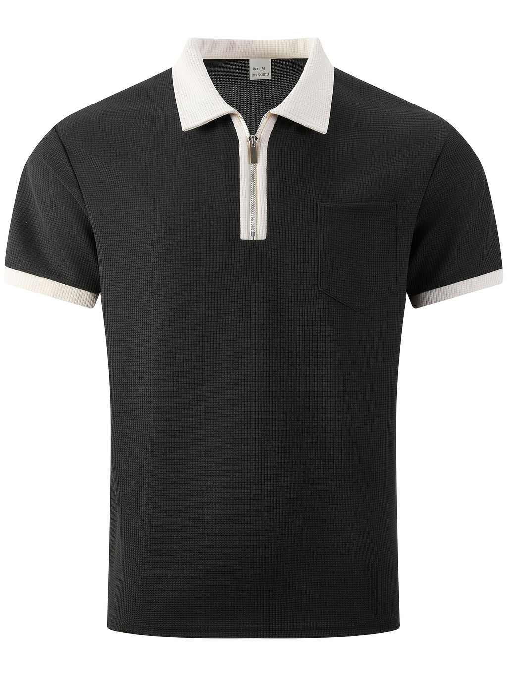 High-quality Men's Design Zippered Short-sleeved Polo Shirt, Contrasting Color Collar Design, Soft Fabric, Comfortable Experience, Versatile and Trendy Style, Suitable for Various Occasions Such as Traveling, Shopping, Casual Walking, Etc. - Black