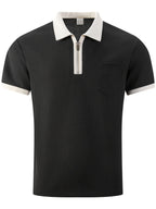 High-quality Men's Design Zippered Short-sleeved Polo Shirt, Contrasting Color Collar Design, Soft Fabric, Comfortable Experience, Versatile and Trendy Style, Suitable for Various Occasions Such as Traveling, Shopping, Casual Walking, Etc. - Black