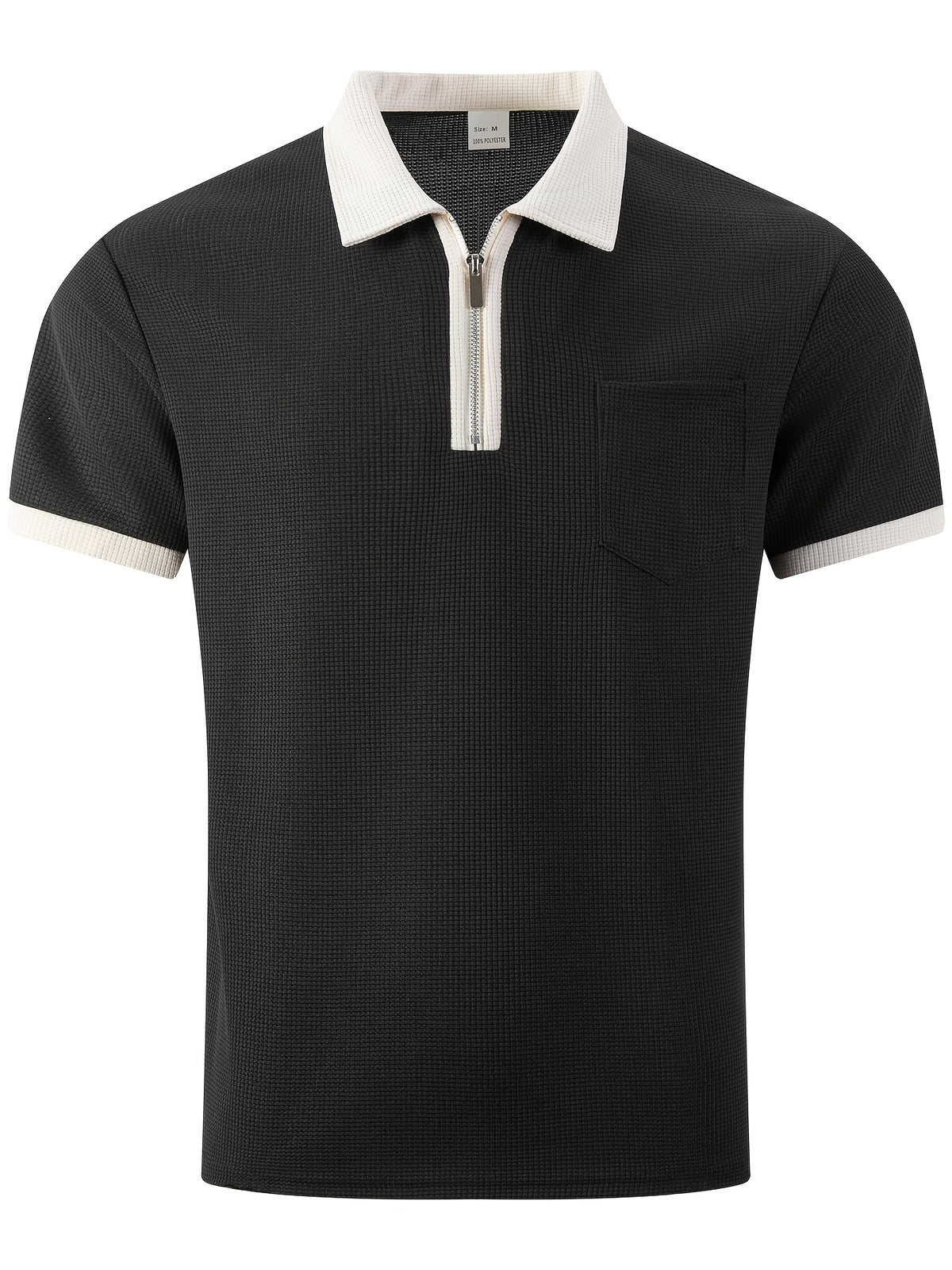 High-quality Men's Design Zippered Short-sleeved Polo Shirt, Contrasting Color Collar Design, Soft Fabric, Comfortable Experience, Versatile and Trendy Style, Suitable for Various Occasions Such as Traveling, Shopping, Casual Walking, Etc. - Black
