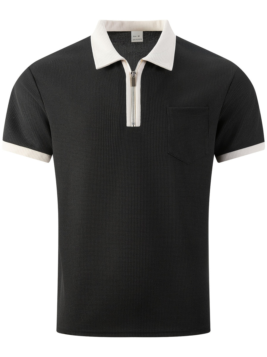High-quality Men's Design Zippered Short-sleeved Polo Shirt, Contrasting Color Collar Design, Soft Fabric, Comfortable Experience, Versatile and Trendy Style, Suitable for Various Occasions Such as Traveling, Shopping, Casual Walking, Etc. - Black