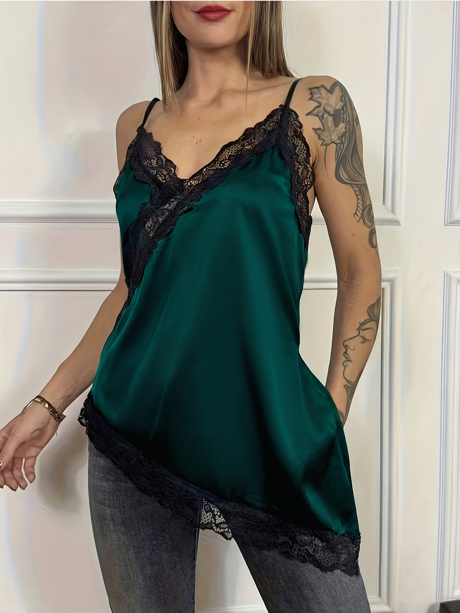 Women'S Satin Asymmetrical Cami Top, Adjustable Straps. Lace Detail on Hem, Underbust, And Neckline, Side Slit, V-Neck Design - Green