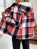 Women'S Casual Plaid Fleece Lined Hooded Regular Jacket, Napped Plaid Fleece-Lined Women'S Top, Hooded Shirt - Brick Red