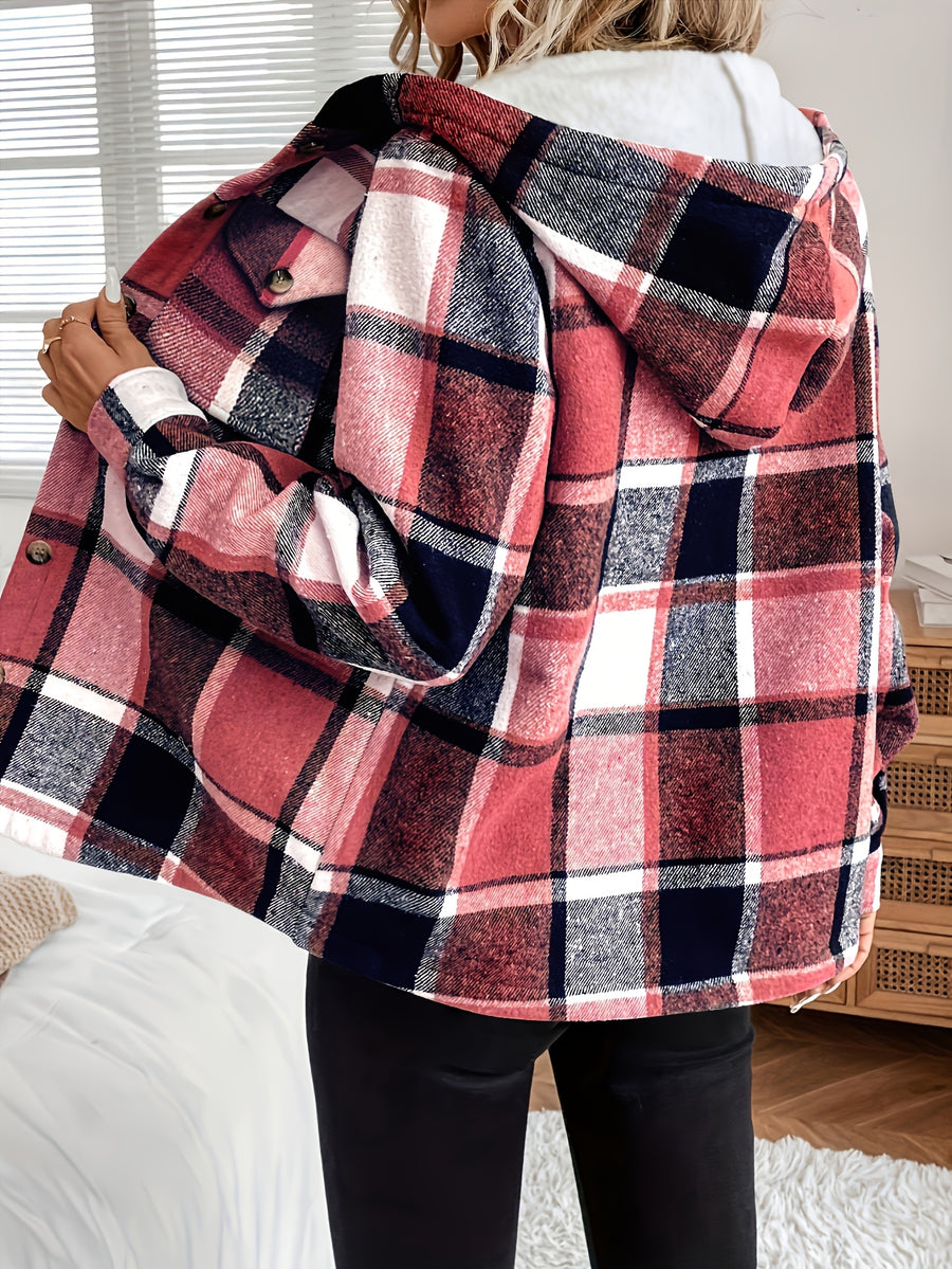 Women'S Casual Plaid Fleece Lined Hooded Regular Jacket, Napped Plaid Fleece-Lined Women'S Top, Hooded Shirt - Brick Red