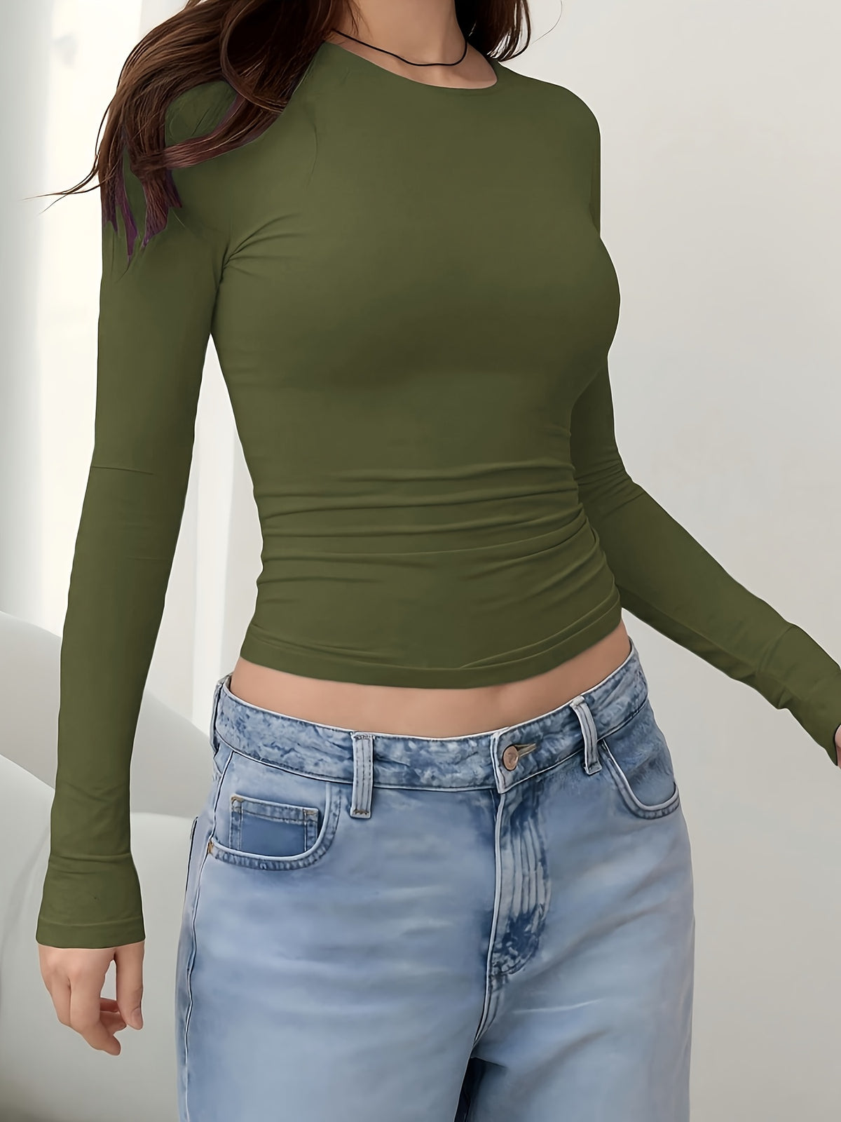 European and American Fashion Women's Solid Color Casual Round Neck Base Layer Top - Military Green