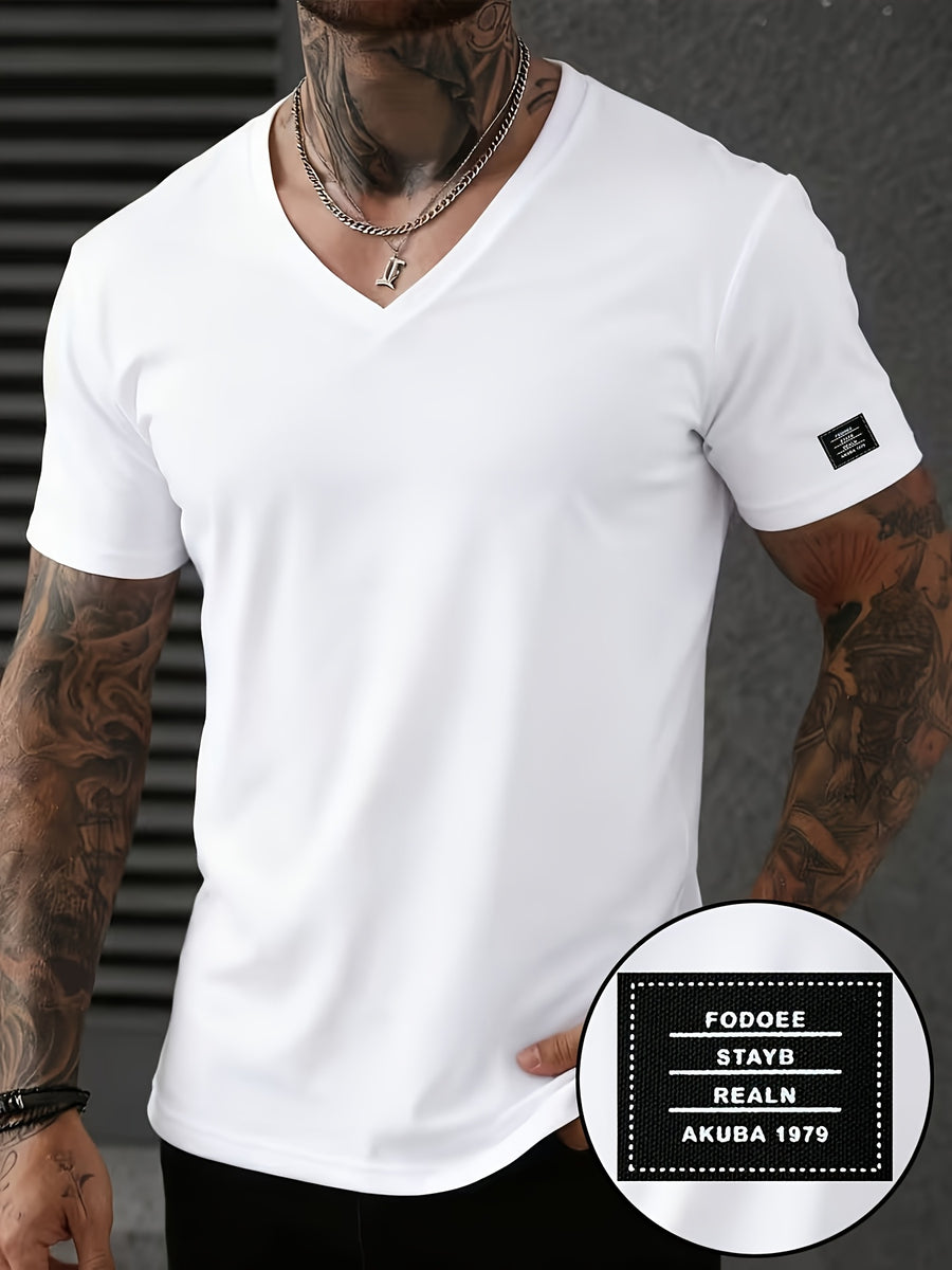 Men'S Patchwork V-Neck Short Sleeve T-Shirt, Suitable for Summer Outdoor Casual Wear, Casual Versatile Knit Top - White 5