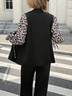 Women's Elegant Blazer with Leopard Print Sleeves, Spliced Cuffs, and Tie Detail - Black