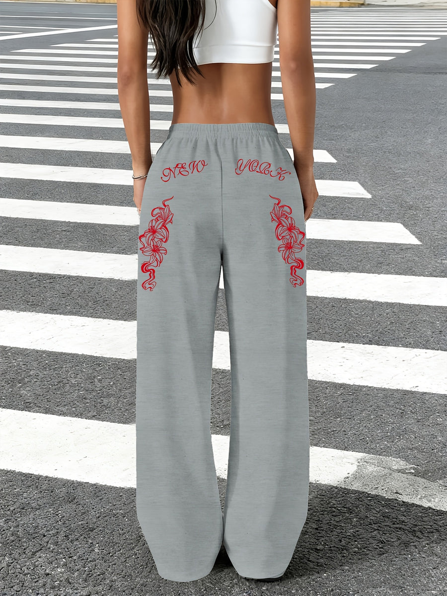 Slant Pocket Joggers Autumn Winter Trendy Brand Letter Print Pattern Straight Leg Trousers American High Street Wide Leg Pants Floor Length Trousers Ins Style Y2K - Light Gray 1