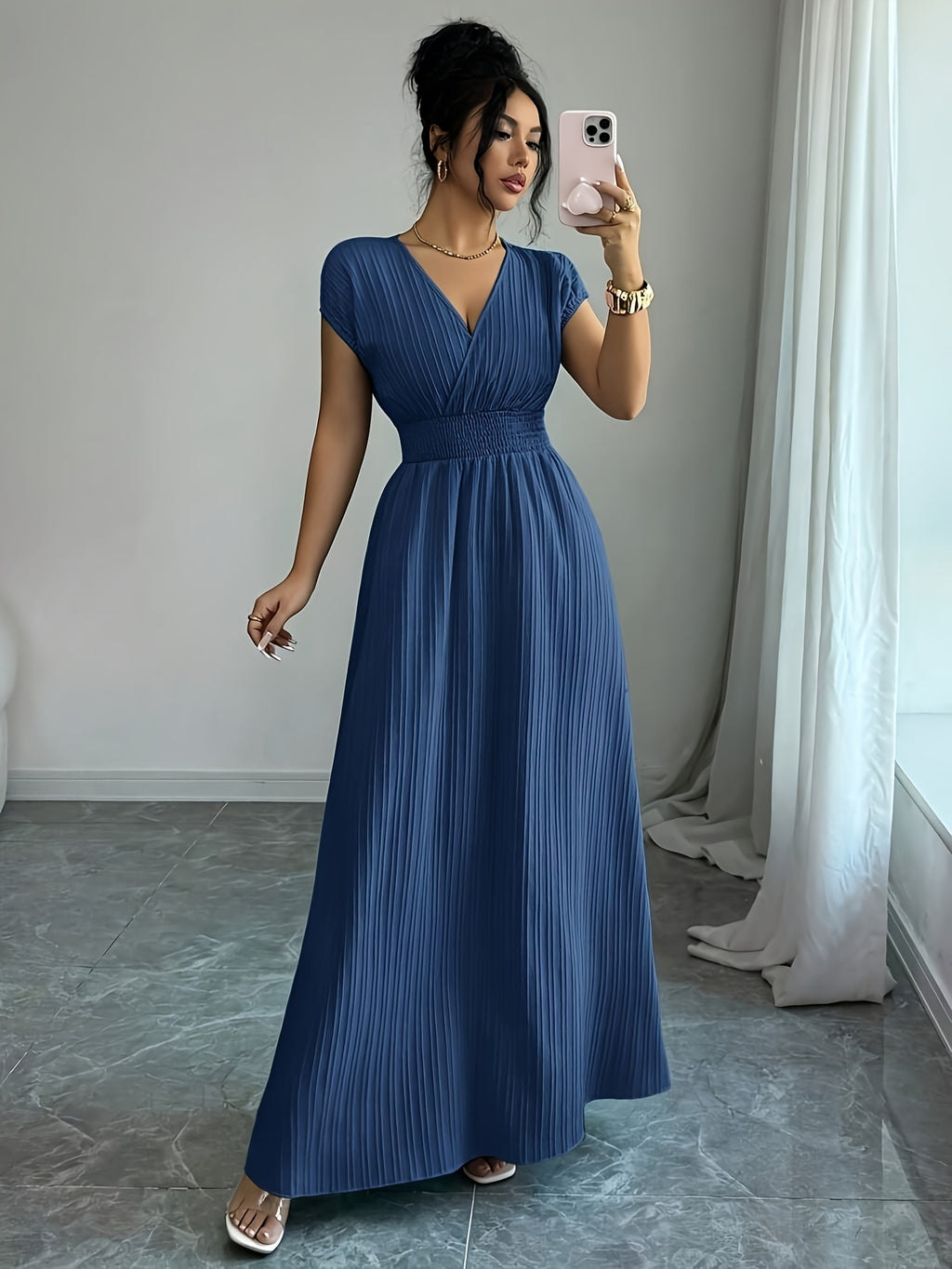 Women's V-neck Sleeveless Midi Dress, Textured Fabric, Cinched Waist Design, Elegant Vacation Style, Spring/summer Collection - Navy blue color