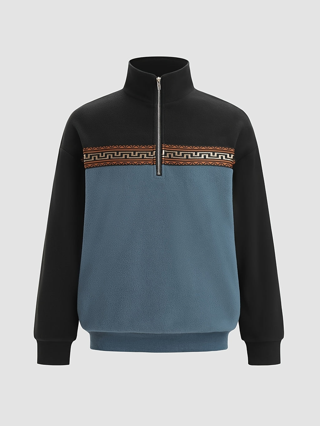 Men'S Fleece Ethnic Style Webbing Color Block Stand-Up Collar Sweatshirt Warm Casual Jacket - Sea Blue