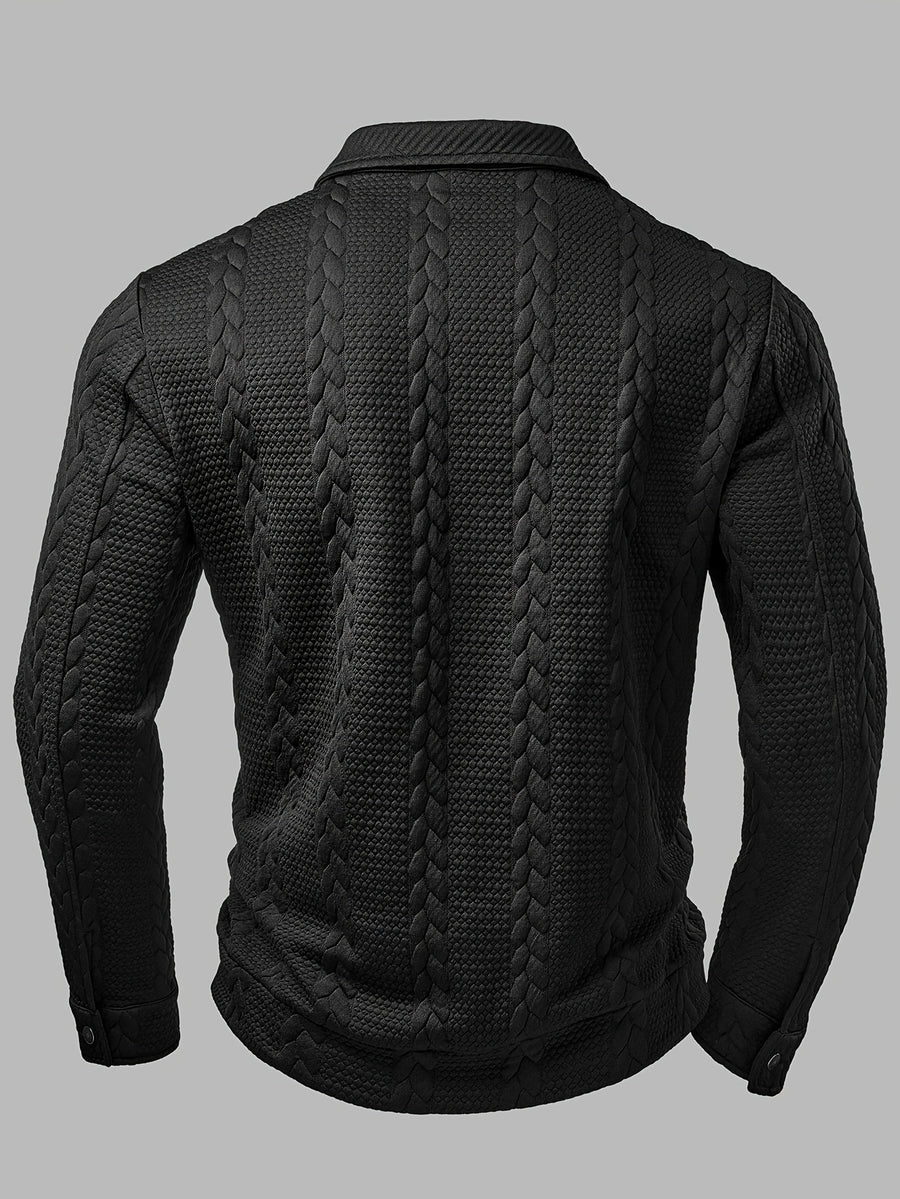 Men's Fashion Jacket, Autumn/Winter Outdoor Casual Random Cut Textured Jacquard Fabric, Lapel Zipper Long Sleeve Men's Jacket - Black