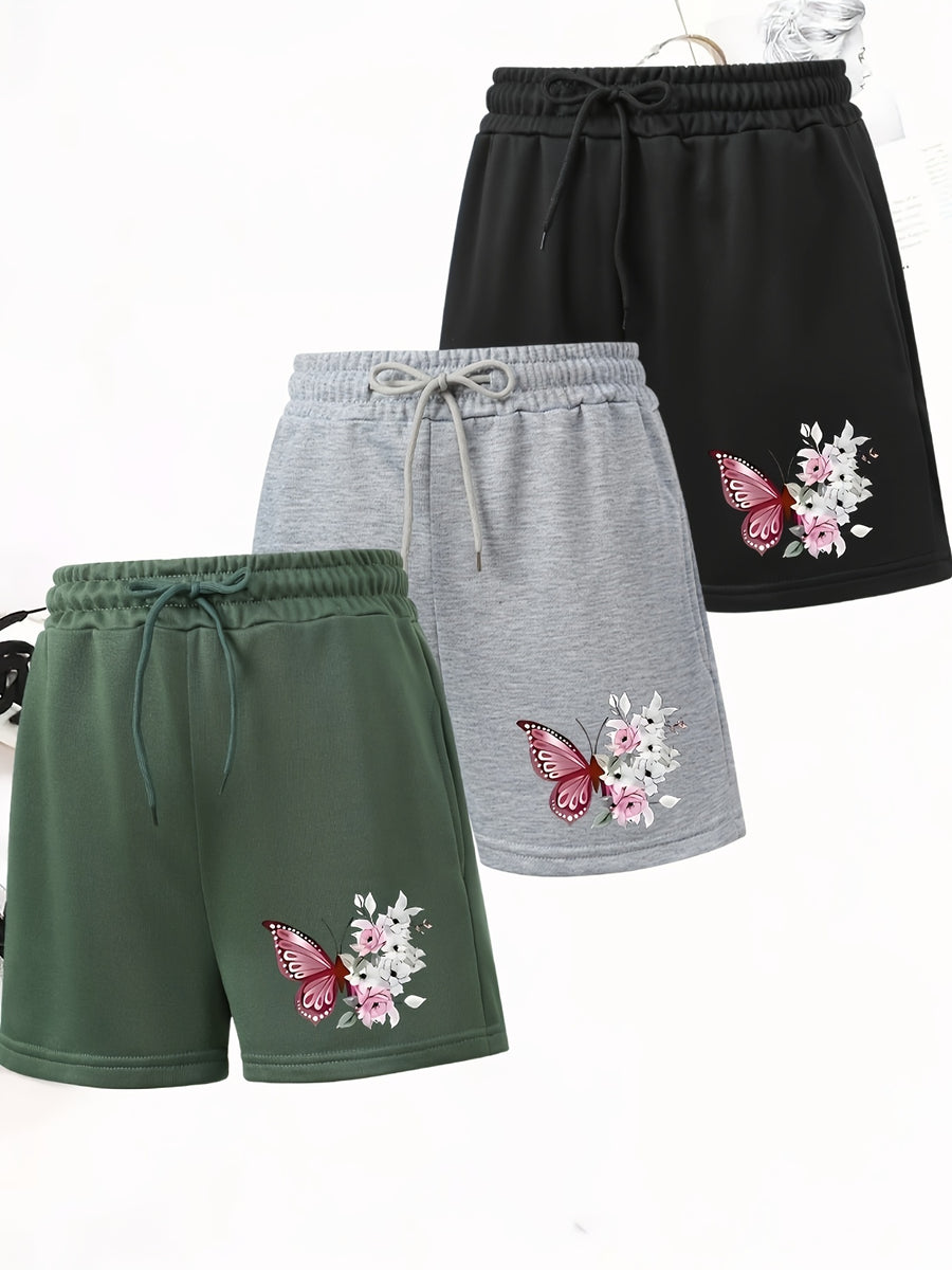 3pcs Women'S Casual Jogger Shorts - Floral Butterfly Print, Drawstring Loose Fit Summer Elegant Sports Shorts, Machine Washable - Black＋Gray＋Green