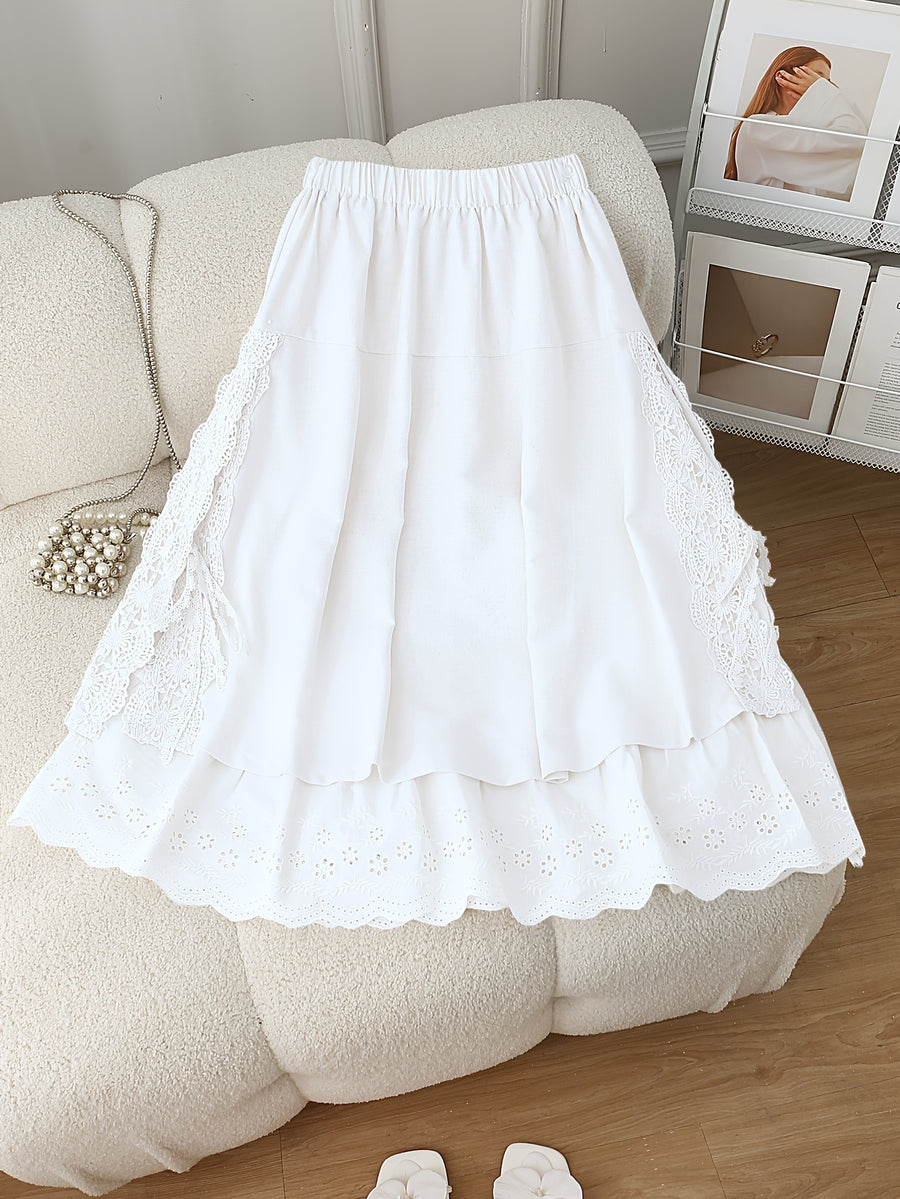 Women's New Spring/Summer - Fabric Embroidered Hem Maxi Dress, Casual Versatile Elastic Waist Lace Patchwork Skirt - White