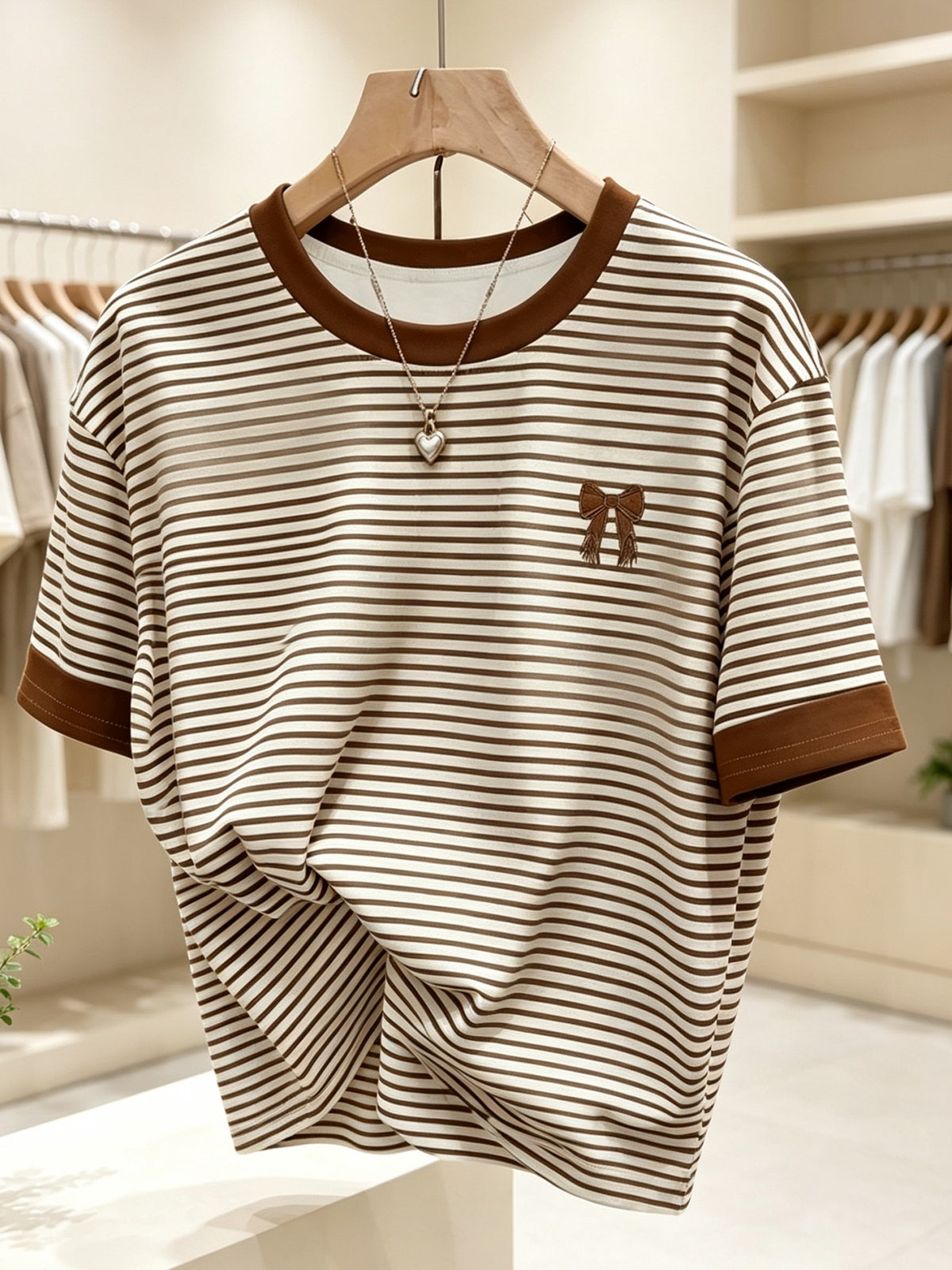 European and American Women's Round-neck Short-sleeve T-shirt, Coffee-white Thin Horizontal Stripes with Coffee-colored Contrasting Ribbed Cuffs, Women's Round-neck Short-sleeve T-shirt with a Bow Print on the Left Chest, Korean-style Commuter Top - Mixed colors