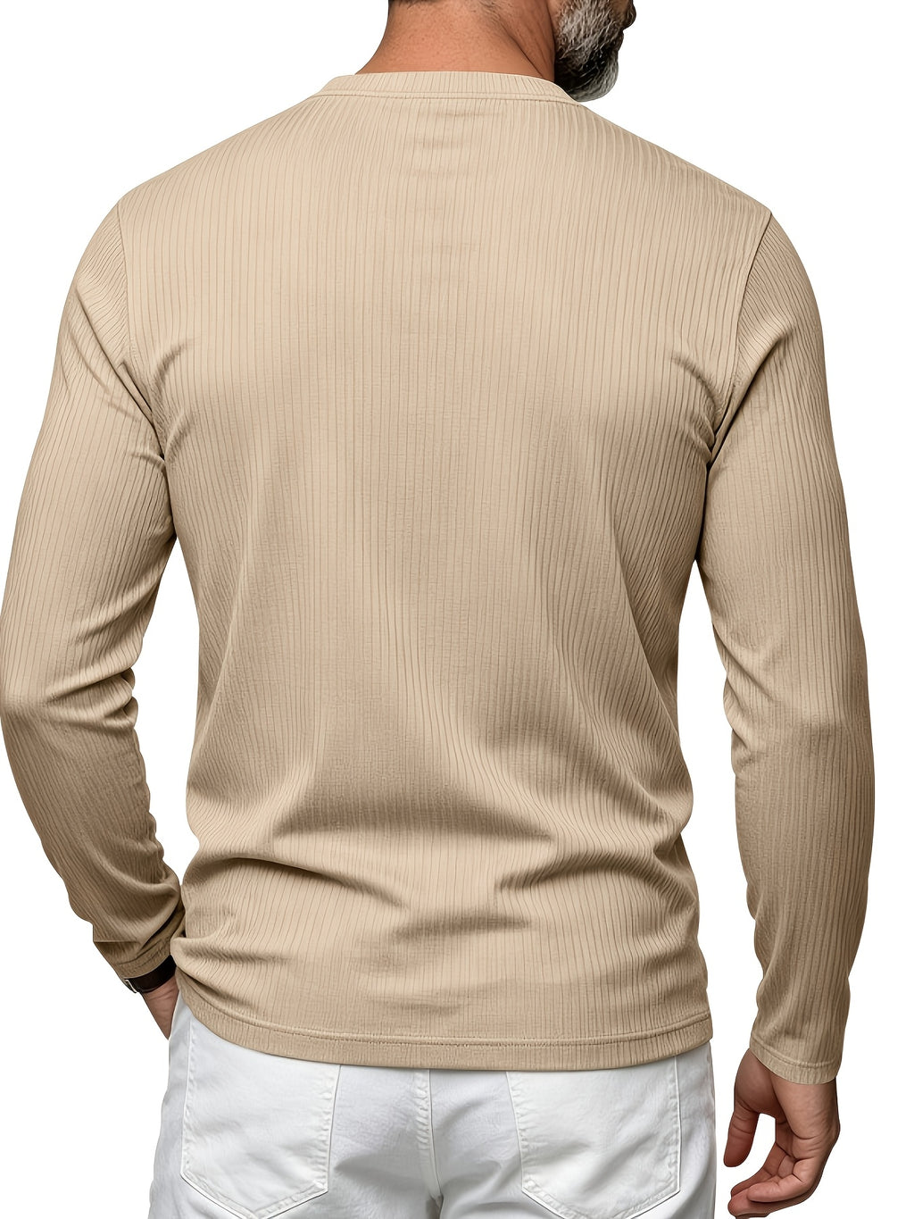 Men's Vertical Pin-Stripe V-Neck Henley Long-Sleeve T-Shirt, Slim Fit Stretch Textured Top, Spring/Autumn Casual Base Layer Men's Apparel - Khaki