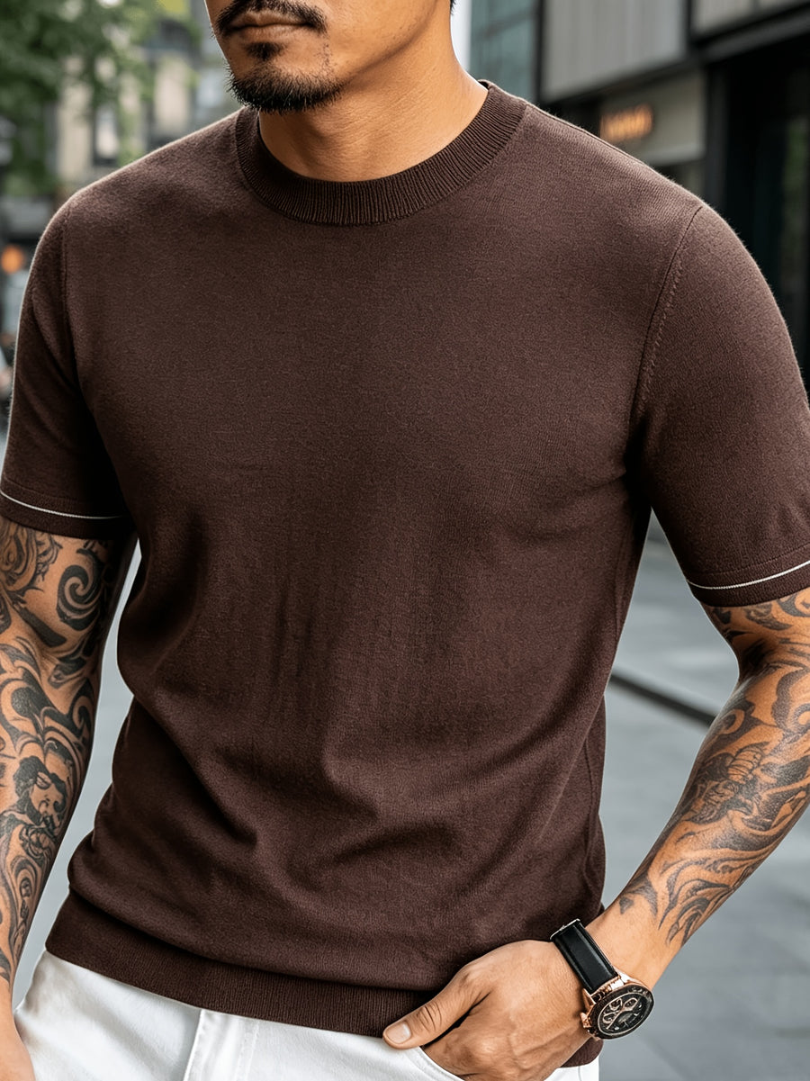Men' Summer Short-Sleeve Knit Shirt with White-Trimmed Cuff - Stretchable Round Neck -Compatible Suitable for Urban Streetwear & Business Casual, Solid Color Multi-Color Tunic Top for Commuting and Office Wear - Laoqianka