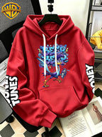 WB Warner Bros Official Men's & Women's Cyber Graffiti Runaway Bird Hoodie - Iconic WB Print Sweatshirt, Adjustable Hood, Loose Fit Warm Pullover for Fall/Winter, Machine Washable Suitable for Daily Wear & Outdoor Sports - Red