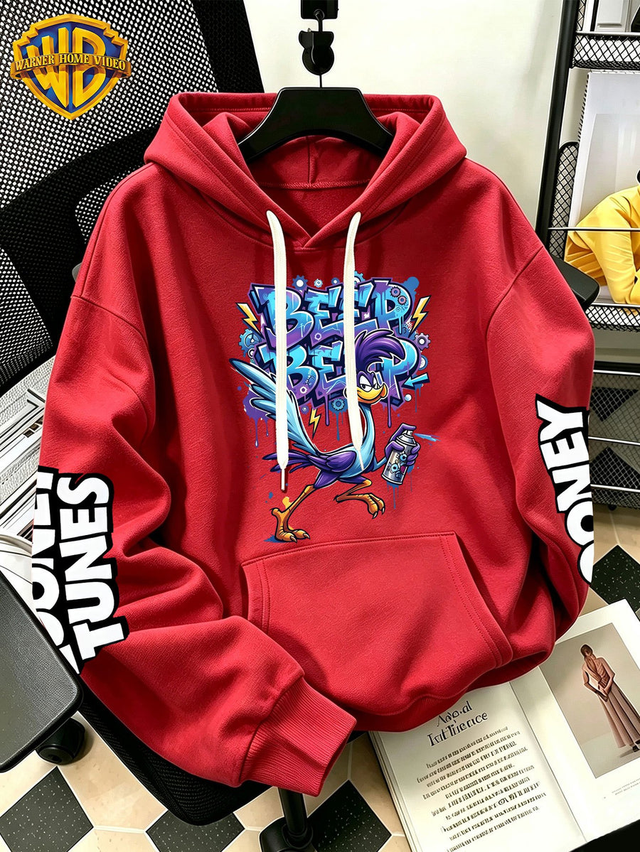 WB Warner Bros Official Men's & Women's Cyber Graffiti Runaway Bird Hoodie - Iconic WB Print Sweatshirt, Adjustable Hood, Loose Fit Warm Pullover for Fall/Winter, Machine Washable Suitable for Daily Wear & Outdoor Sports - Red